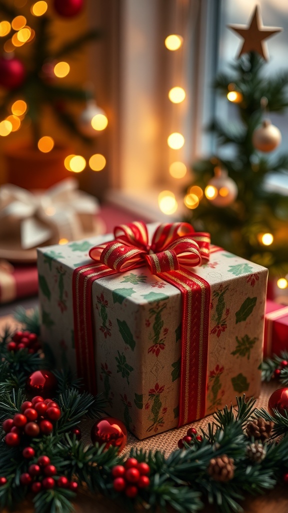 A wrapped Christmas gift with a ribbon in a cozy holiday setting.